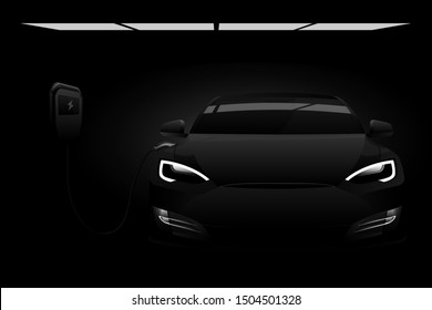 Black electric car with a charging station in the dark. Vector illustration EPS 10