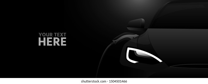 Black electric car with a charging station in the dark. Vector banner template 