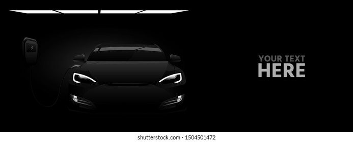 Black electric car with a charging station in the dark. Vector banner template 