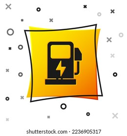 Black Electric car charging station icon isolated on white background. Eco electric fuel pump sign. Yellow square button. Vector
