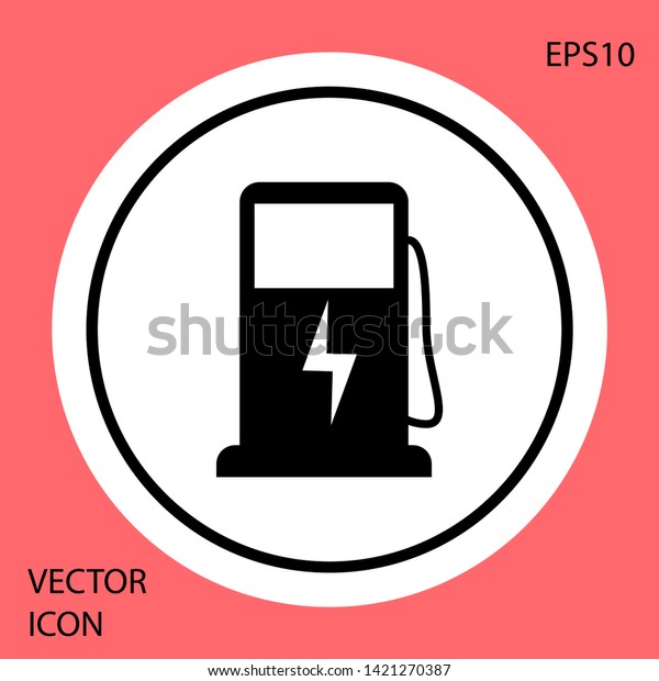 Black Electric car charging station icon\
isolated on red background. Eco electric fuel pump sign. White\
circle button. Vector\
Illustration