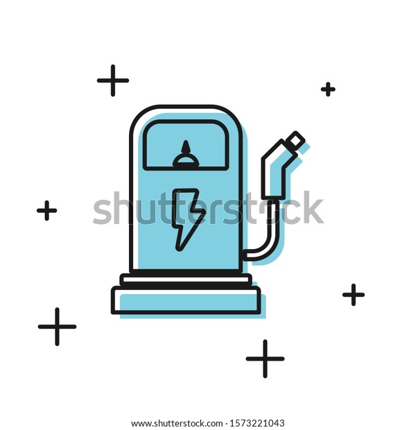 Black\
Electric car charging station icon isolated on white background.\
Eco electric fuel pump sign.  Vector\
Illustration