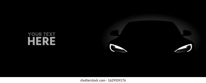 Black electric car in the dark. Vector banner template 