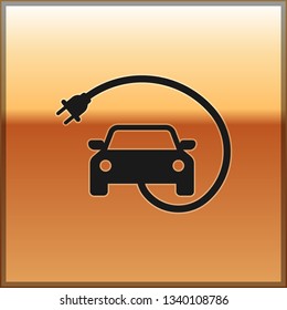 Black Electric car and electrical cable plug charging icon isolated on gold background. Renewable eco technologies. Vector Illustration