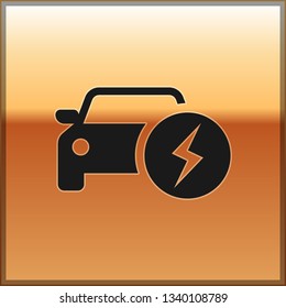 Black Electric car and electrical cable plug charging icon isolated on gold background. Renewable eco technologies. Vector Illustration