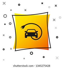 Black Electric car and electrical cable plug charging icon isolated on white background. Renewable eco technologies. Yellow square button. Vector Illustration