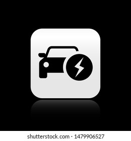 Black Electric car and electrical cable plug charging icon isolated on black background. Renewable eco technologies. square button. Vector Illustration