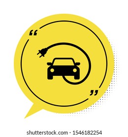 Black Electric car and electrical cable plug charging icon isolated on white background. Renewable eco technologies. Yellow speech bubble symbol. Vector Illustration