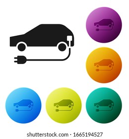 Black Electric car and electrical cable plug charging icon isolated on white background. Renewable eco technologies. Set icons in color circle buttons. Vector Illustration