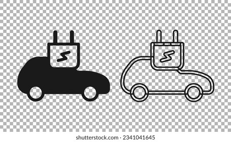 Black Electric Car und elektrische Kabel-Stecker Ladesymbol einzeln auf transparentem Hintergrund. Erneuerbare Ökotechnologien.  Vektorgrafik