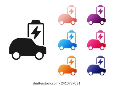 Black Electric Car und elektrische Kabel-Stecker Ladesymbol einzeln auf weißem Hintergrund. Erneuerbare Ökotechnologien. Stellen Sie die Symbole bunt ein. Vektorgrafik