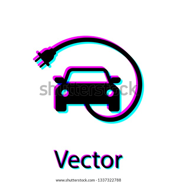 Black Electric car and electrical cable plug\
charging icon isolated on white background. Renewable eco\
technologies. Vector\
Illustration