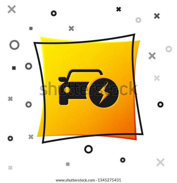 Black Electric car and electrical\
cable plug charging icon isolated on white background. Renewable\
eco technologies. Yellow square button. Vector\
Illustration