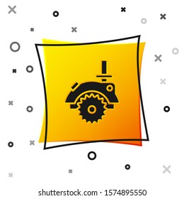 Black Electric circular saw with steel toothed disc icon isolated on white background. Electric hand tool for cutting wood or metal. Yellow square button. Vector Illustration
