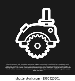 Black Electric circular saw with steel toothed disc icon isolated on black background. Electric hand tool for cutting wood or metal.  Vector Illustration