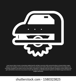 Black Electric circular saw with steel toothed disc icon isolated on black background. Electric hand tool for cutting wood or metal.  Vector Illustration