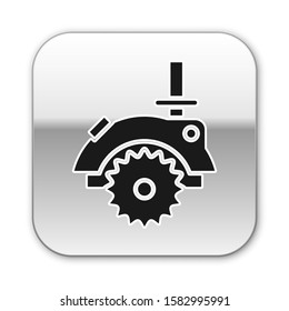 Black Electric circular saw with steel toothed disc icon isolated on white background. Electric hand tool for cutting wood or metal. Silver square button. Vector Illustration