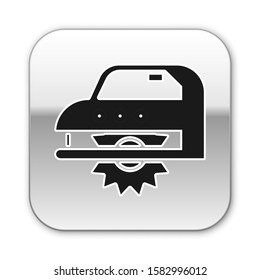 Black Electric circular saw with steel toothed disc icon isolated on white background. Electric hand tool for cutting wood or metal. Silver square button. Vector Illustration