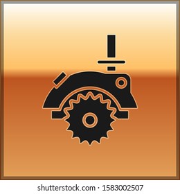 Black Electric circular saw with steel toothed disc icon isolated on gold background. Electric hand tool for cutting wood or metal.  Vector Illustration