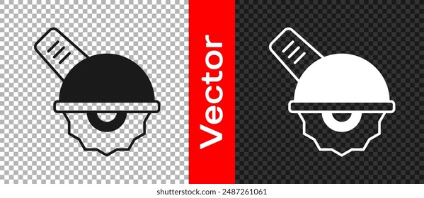 Black Electric circular saw with steel toothed disc icon isolated on transparent background. Electric hand tool for cutting wood or metal.  Vector