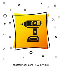 Black Electric cordless screwdriver icon isolated on white background. Electric drill machine. Repair tool. Yellow square button. Vector Illustration