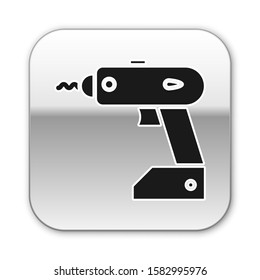 Black Electric cordless screwdriver icon isolated on white background. Electric drill machine. Repair tool. Silver square button. Vector Illustration