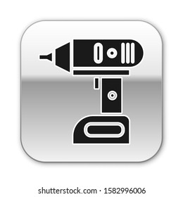 Black Electric cordless screwdriver icon isolated on white background. Electric drill machine. Repair tool. Silver square button. Vector Illustration