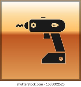 Black Electric cordless screwdriver icon isolated on gold background. Electric drill machine. Repair tool.  Vector Illustration