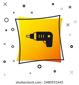 Black Electric cordless screwdriver icon isolated on white background. Electric drill machine. Repair tool. Yellow square button. Vector