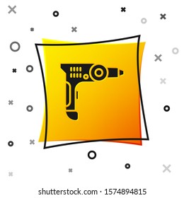 Black Electric drill machine icon isolated on white background. Repair tool. Yellow square button. Vector Illustration