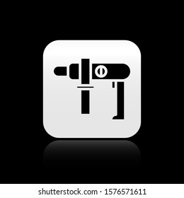 Black Electric drill machine icon isolated on black background. Repair tool. Silver square button. Vector Illustration