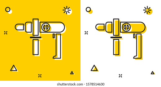 Black Electric drill machine icon isolated on yellow and white background. Repair tool. Random dynamic shapes. Vector Illustration