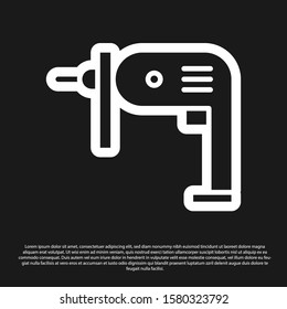 Black Electric drill machine icon isolated on black background. Repair tool.  Vector Illustration