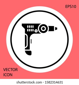 Black Electric drill machine icon isolated on red background. Repair tool. White circle button. Vector Illustration