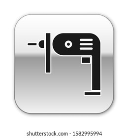 Black Electric drill machine icon isolated on white background. Repair tool. Silver square button. Vector Illustration