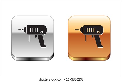 Black Electric drill machine icon isolated on white background. Repair tool. Silver-gold square button. Vector Illustration