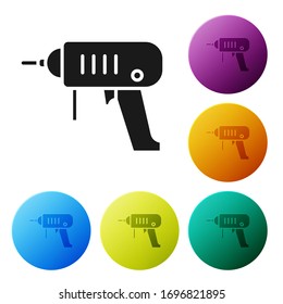 Icono de la máquina de perforación eléctrica negra aislada en fondo blanco. Herramienta de reparación. Establecer iconos en los botones de círculo de color. Ilustración vectorial