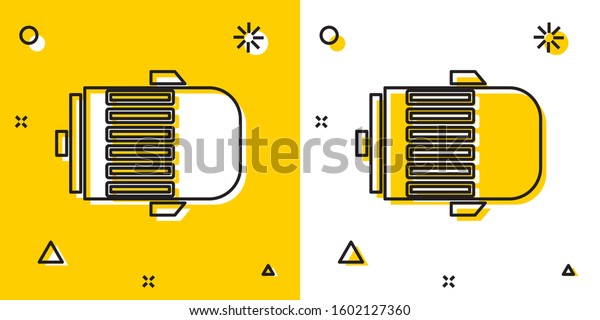 Black Electric engine icon isolated on\
yellow and white background. Car alternator. Random dynamic shapes.\
Vector Illustration