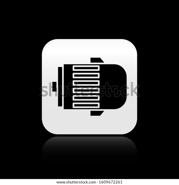 Black Electric\
engine icon isolated on black background. Car alternator. Silver\
square button. Vector\
Illustration