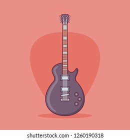 Black electric guitar flat line icon on red background. Vector illustration.