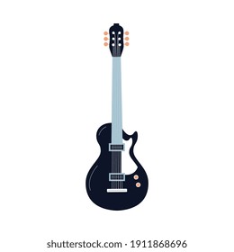 Black electric guitar isolated on white background - modern rock music instrument with strings, vector illustration.