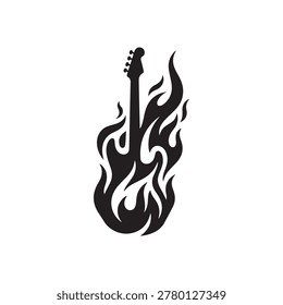 Black electric guitar silhouette shape surrounded by stylized fire flames Vector