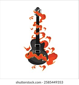 Black electric guitar vector design. Electric guitar clipart flat vector. Rock musical instruments cartoon flat style and oarnament line art and fire effect