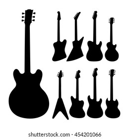 Black electric guitars silhouette on white background. Isolated musical equipment for entertainment and music band.