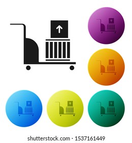 Black Electric hand truck and boxes icon isolated on white background. Dolly symbol. Set icons colorful circle buttons. Vector Illustration