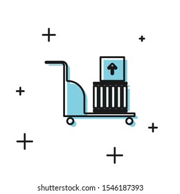 Black Electric hand truck and boxes icon isolated on white background. Dolly symbol.  Vector Illustration
