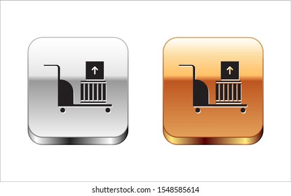 Black Electric hand truck and boxes icon isolated on white background. Dolly symbol. Silver-gold square button. Vector Illustration