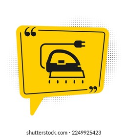 Black Electric iron icon isolated on white background. Steam iron. Yellow speech bubble symbol. Vector