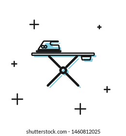Black Electric iron and ironing board icon isolated on white background. Steam iron.  Vector Illustration