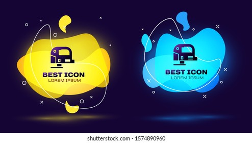 Black Electric jigsaw with steel sharp blade icon isolated on blue background. Power tool for woodwork. Set abstract banner with liquid shapes. Vector Illustration